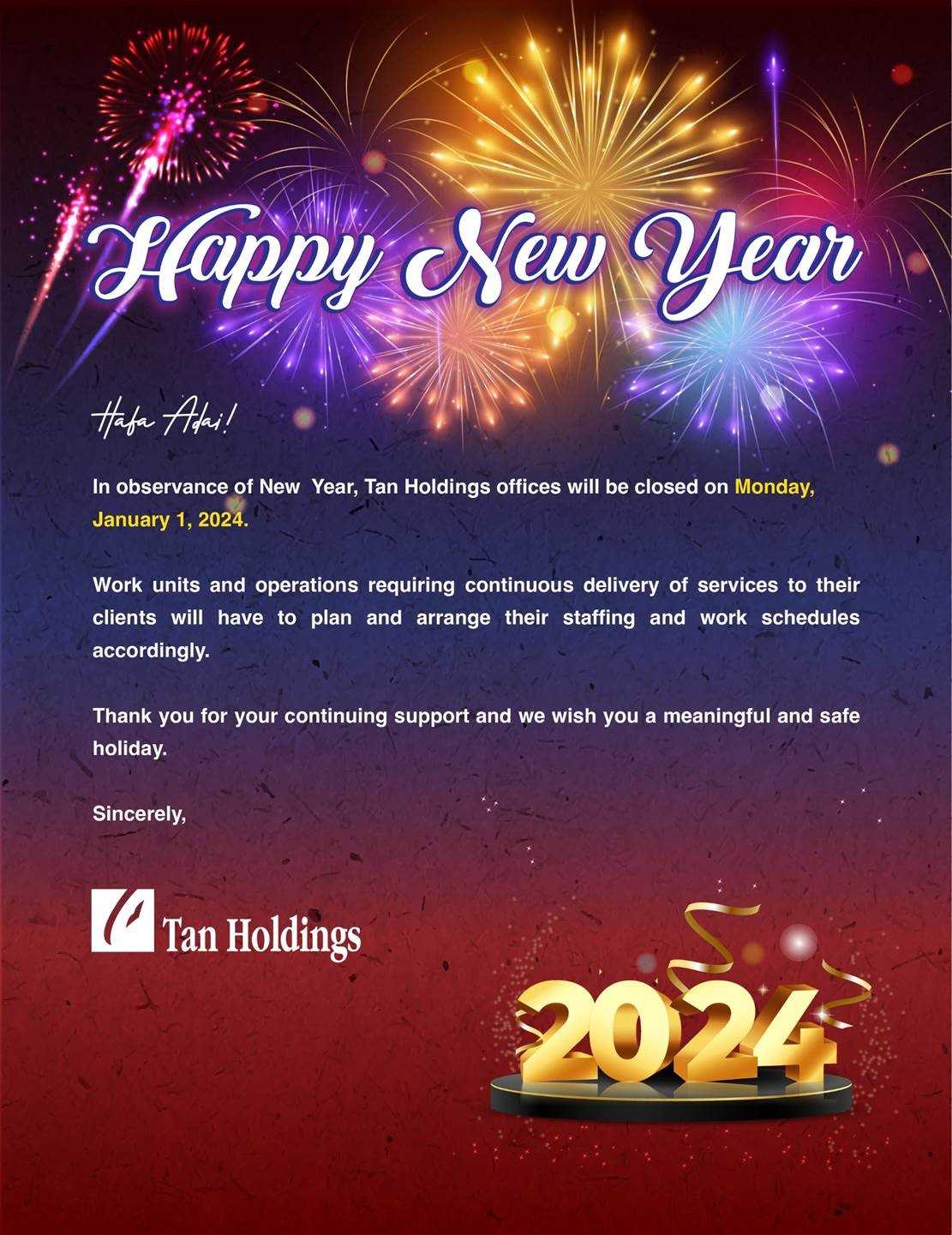 2024 New Year Holiday Announcement